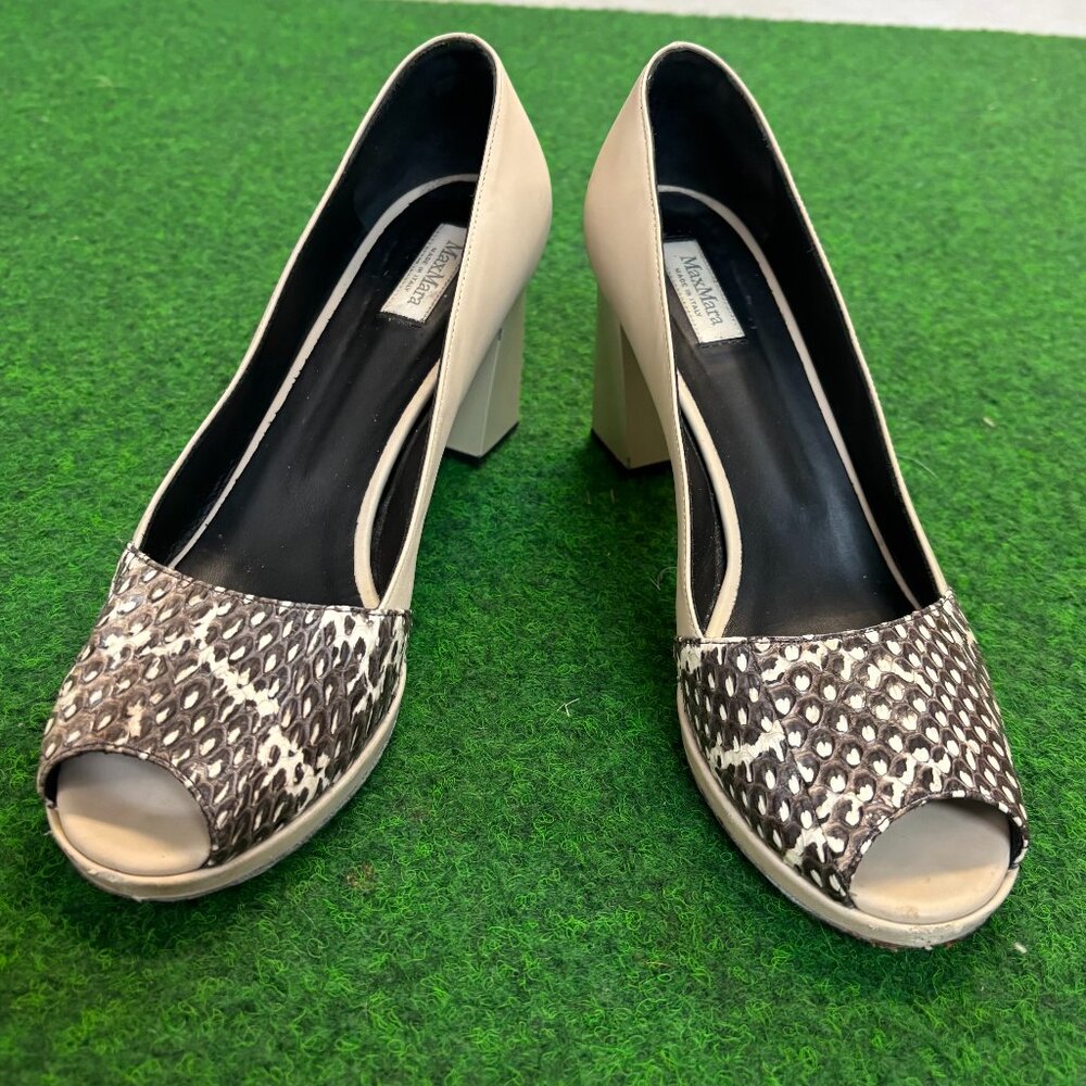 Max Mara Stacked Heel Skin Peep Toe Shoes Beige Tan Brown Size 8/38